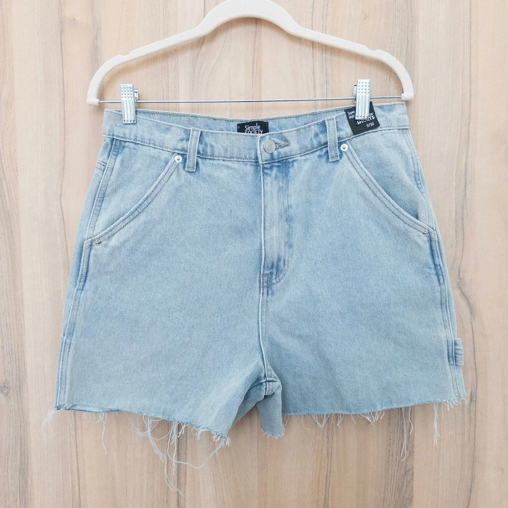 Simple Society Womens Carpenter‎ Denim Shorts 11/30 Blue High Rise Raw Hem 90s